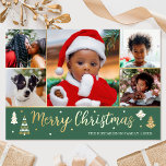 Goldweihnachtsbaum Custom Foto Forest Green Folien Feiertagskarte<br><div class="desc">Verteilen Sie den Feiertagsjubiläum mit luxuriösen Weihnachtskarten aus Gold! Sechs personalisierte Fotos mit Ihrem Familiennamen und einem Gruß auf der Rückseite. Dieses individuelle Design zeichnet sich durch dekorative Bäume und Sterne aus, mit den Worten "Frohe Weihnachten" in festlichen Schriftzeichen. Ideal für Fotos, Familien, Freunde und Haustiere. Farben: Waldgrün, Weiß und...</div>
