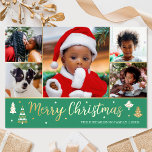 Goldweihnachtsbaum Custom Foto Green Luxury Folien Feiertagskarte<br><div class="desc">Verteilen Sie den Feiertagsjubiläum mit luxuriösen Weihnachtskarten aus Gold! Sechs personalisierte Fotos mit Ihrem Familiennamen und einem Gruß auf der Rückseite. Dieses individuelle Design zeichnet sich durch dekorative Bäume und Sterne aus, mit den Worten "Frohe Weihnachten" in festlichen Schriftzeichen. Ideal für Fotos, Familien, Freunde und Haustiere. Farben: grüne, weiße und...</div>