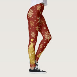 Goldweihnachtsbaum und Goldschneeflocken auf Rot Leggings
