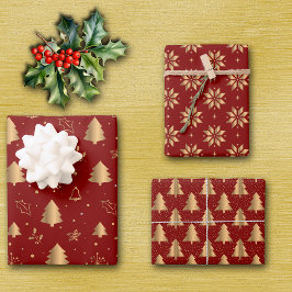Goldweihnachtsbaum und Poinsettia-Muster auf Rot Geschenkpapier Set
