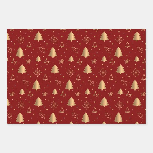 Goldweihnachtsbaum und Poinsettia-Muster auf Rot Geschenkpapier Set (Vorderseite)