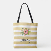 Goldweiß Stripes Watercolor-Blumen-Monogramm Tasche (Rückseite)
