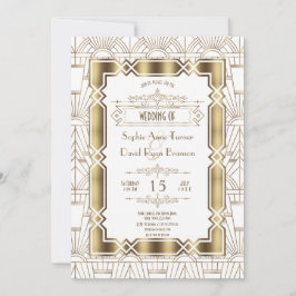 Goldweiße Art Deco Gatsby 20er Jahre Style Wedding Einladung
