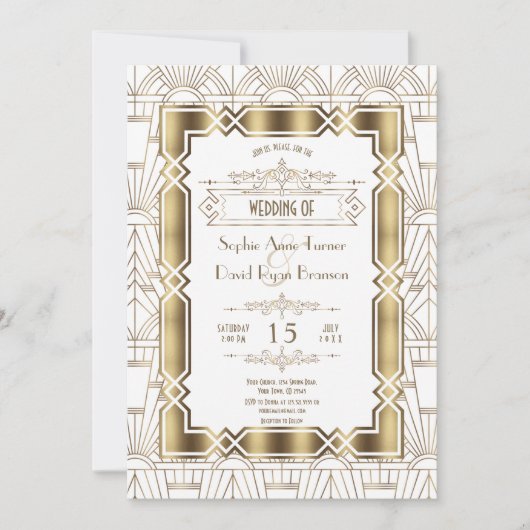 Goldweiße Art Deco Gatsby 20er Jahre Style Wedding Einladung (Vorderseite)