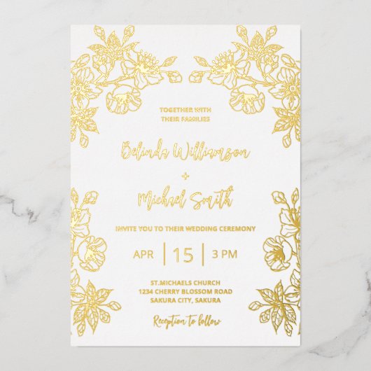 Goldweiße Blumenhochzeit Folieneinladung (Vorderseite)