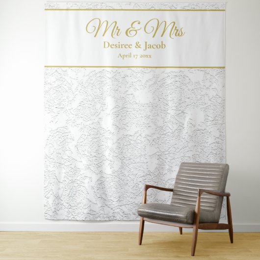 Goldweiße, elegante Foto Booth Wedding Background Wandteppich (Beispiel)