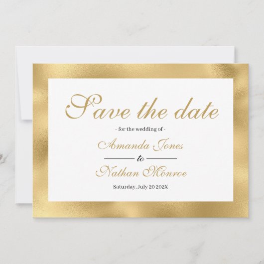 Goldweiße, elegante Hochzeitskarte Save the Date (Vorderseite)