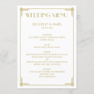 Goldweiße Gatsby Art Deco Hochzeitsmenü Menükarte