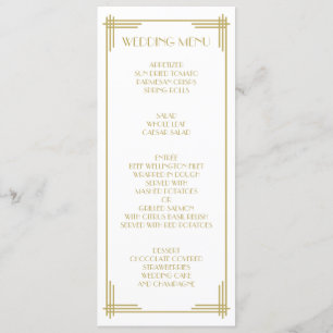 Goldweiße Gatsby Art Deco Hochzeitsmenü Menükarte