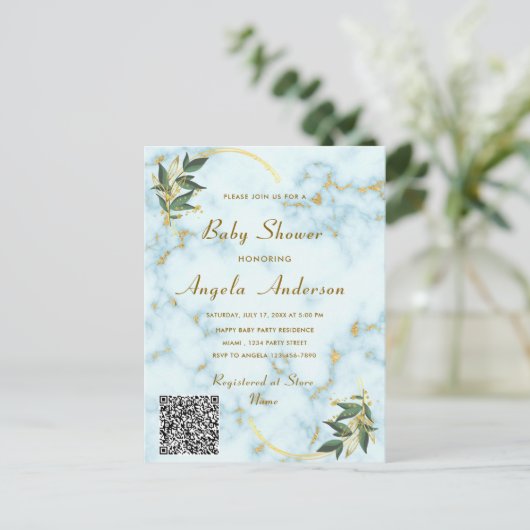 Goldweiße Marmorplatte QR Code Kinderdusche Einlad Postkarte (Stehend Vorderseite)