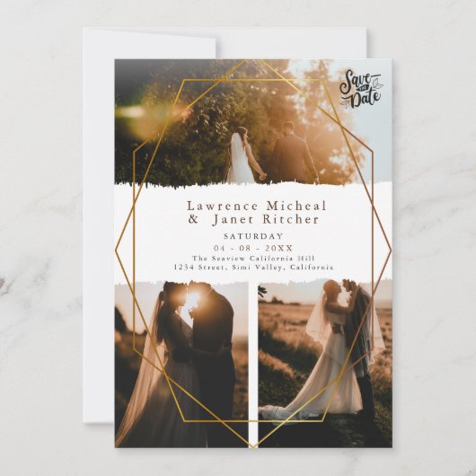 Goldweiße Minimalskripte 3 Fotos Hochzeit Save The Date (Vorderseite)