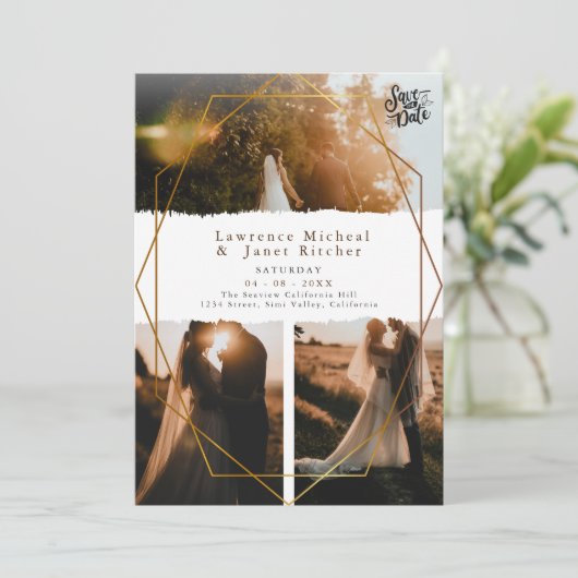 Goldweiße Minimalskripte 3 Fotos Hochzeit Save The Date (Stehend Vorderseite)