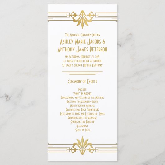 Goldweiße Roaring 20er Jahre Art Déco Hochzeitspro Programm (Vorderseite)