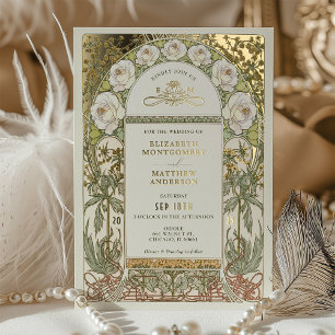 Goldweiße Rosen Vintage Hochzeitskunst Nouveau Folieneinladung