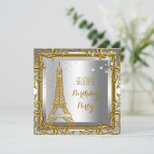 Goldweiße Silber Eiffelturm Geburtstagsparty Einladung (Stehend Vorderseite)