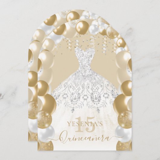 Goldweiße Sparkleider Quinceañera Ballon Einladung (Vorne/Hinten)