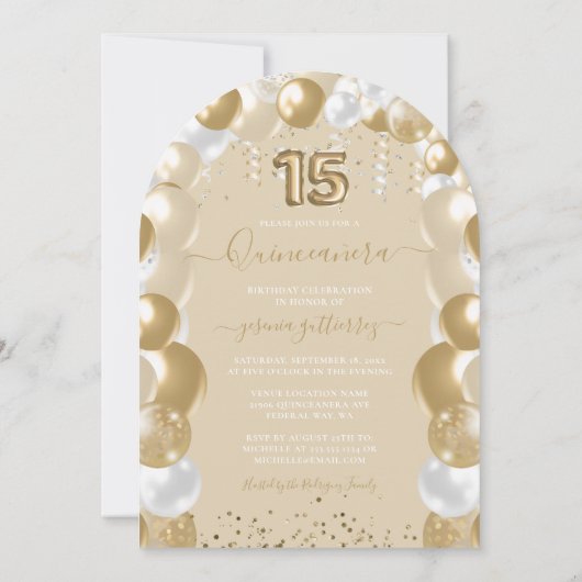 Goldweiße Sparkleider Quinceañera Ballon Einladung (Rückseite)