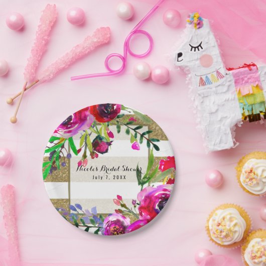 Goldweiße Streifen Fett Glam Brautparty Pappteller (Party)