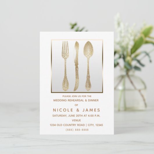 Goldweiße Vintage Utensils Hochzeitsstille Probe Einladung (Stehend Vorderseite)