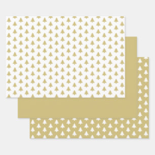 Goldweiße Weihnachtsbaume Ikonisches Muster Geschenkpapier Set