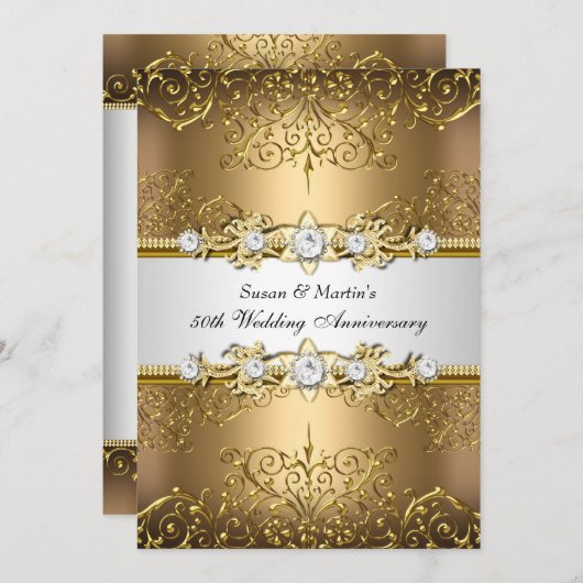 Goldweißer Blumenwirl 50. Hochzeitstag Einladung (Vorne/Hinten)