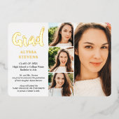 Goldweißer Grand-Script-Abschluss mit 4 Fotos Folieneinladung (Vorderseite)