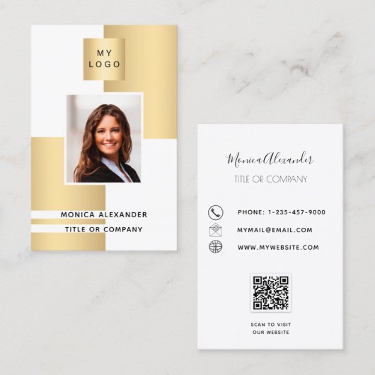 Goldweißes Profil Foto Firmenlogo QR Code Visitenkarte (Vorne/Hinten)