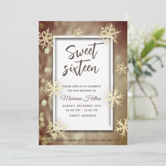 Goldwinterwunder - Bokee-Schneeflocken Einladung (Stehend Vorderseite)