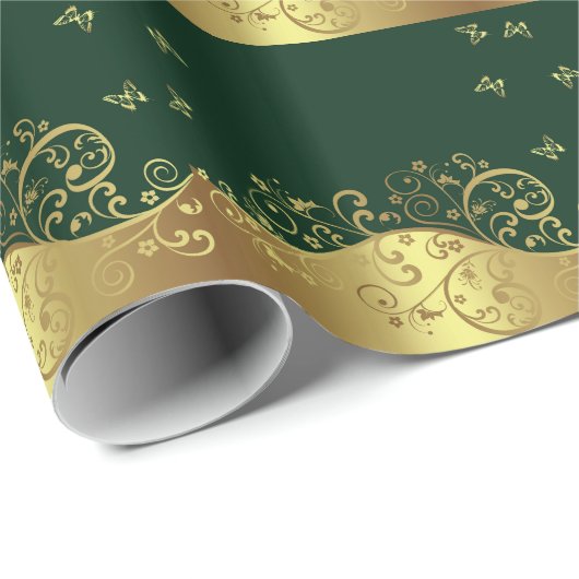 GoldWirbel u. dunkelgrünes Geschenkpapier (Rolleneckpunkt)