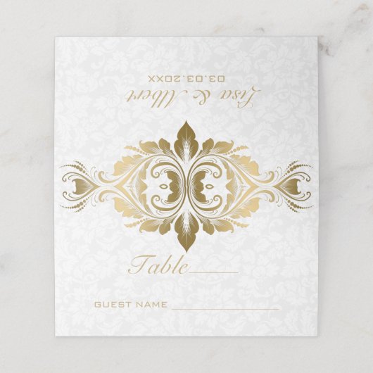 Goldwirbel und weiße Damasken Platzkarte (Außenseite Aufgefaltet)