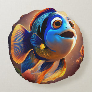 Goldy mit Blauem Fisch Rundes Kissen