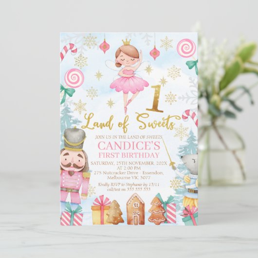 Goldzahl Nutcracker Land der Süßigkeiten 1. Geburt Einladung (Stehend Vorderseite)