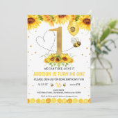 Goldzahl Sonnenblumen Bienen ersten Geburtstag Einladung (Stehend Vorderseite)