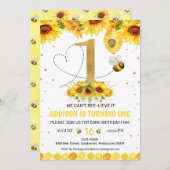 Goldzahl Sonnenblumen Bienen ersten Geburtstag Einladung (Vorne/Hinten)