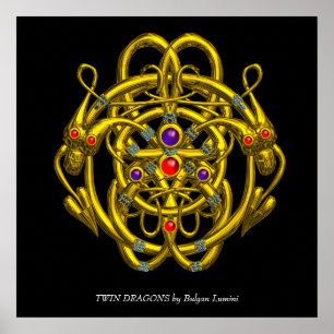 GOLDZELLTISCHE KNOTEN MIT ZWEI DRACHEN POSTER