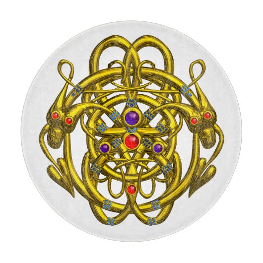 GOLDZELLTISCHE KNOTEN MIT ZWEI DRAGONEN IN WEISSER SCHNEIDEBRETT (Vorderseite)