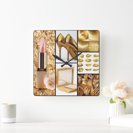 Goldzusatz-bezaubernde Mode-Collage Quadratische Wanduhr (Zuhause)