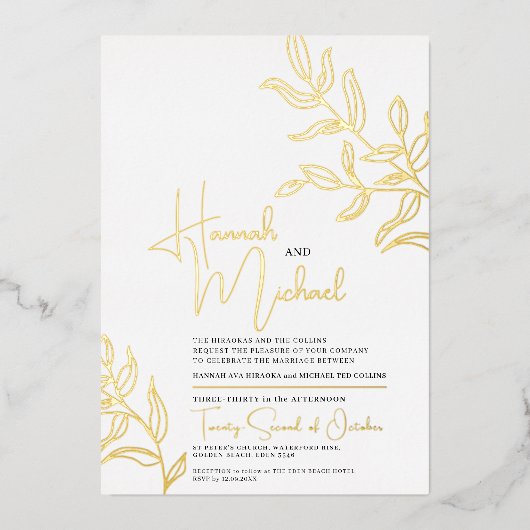 Goldzweig der Blätter Skizze Hochzeit Folieneinladung (Vorderseite)