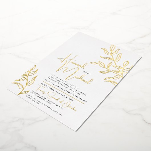 Goldzweig der Blätter Skizze Hochzeit Folieneinladung (Gedreht)