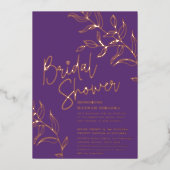 Goldzweig der lila Rose des Blätter Brautparty Folieneinladung (Vorderseite)