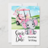 Golf 1. Geburtstag Elefant und Pink Golfwagen Einladung (Vorderseite)
