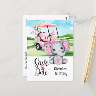 Golf 1. Geburtstag Elefant und Pink Golfwagen Postkarte