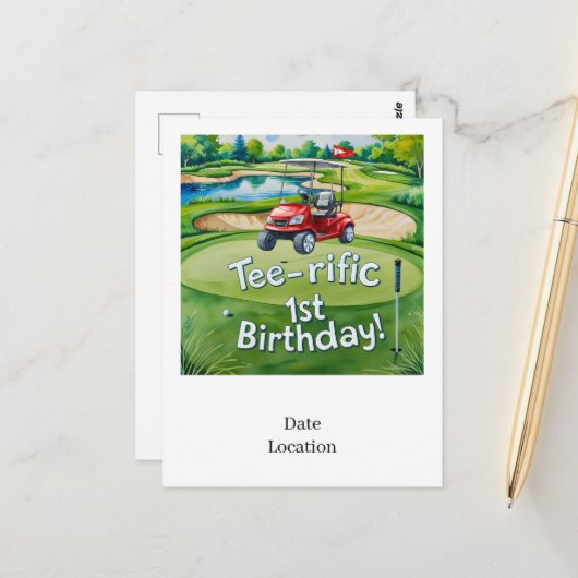 Golf 1. Geburtstag Golfer macht eins Postkarte (Vorderseite/Rückseite Beispiel)