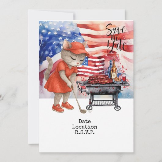 Golf 4 Juli Cat Einladungskarte Save the Date Einladung (Vorderseite)