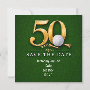 Golf 50. Geburtstag mit Golf auf grünem Gras Save The Date