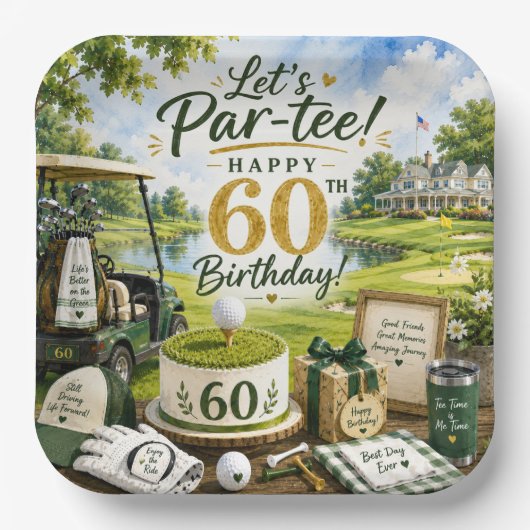 Golf 60. Geburtstag mit Golfwagen auf Grün Pappteller (Vorderseite)
