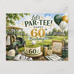 Golf 60. Geburtstag mit Golfwagen auf Grün  Postkarte