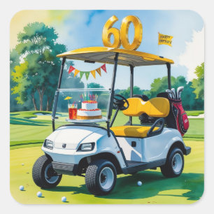 Golf 60. Geburtstag mit Golfwagen auf Grün Quadratischer Aufkleber