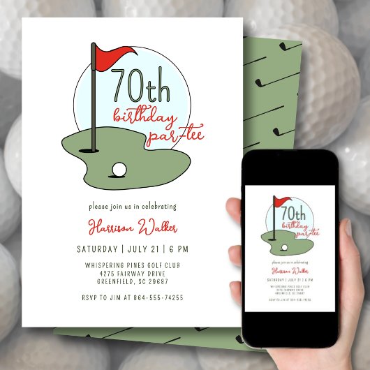 Golf 70th Birthday Party Hand Drawn Modern Green Einladung