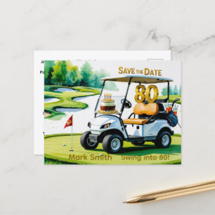 Golf 80. Geburtstag mit Golf Cart auf Grün putting Postkarte